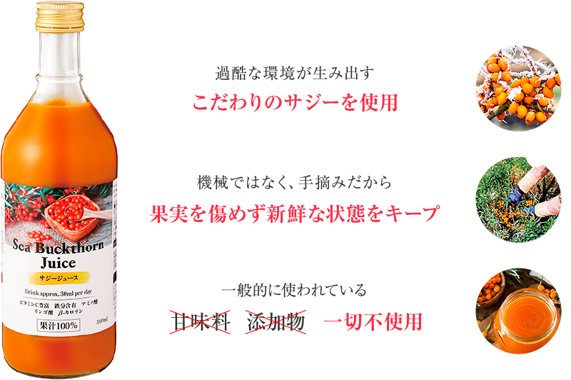 ・過酷な環境が生み出すこだわりのサジーを使用 ・機械ではなく、手摘みだから果実を傷めず新鮮な状態をキープ ・一般的に使われている甘味料、添加物 一切不使用